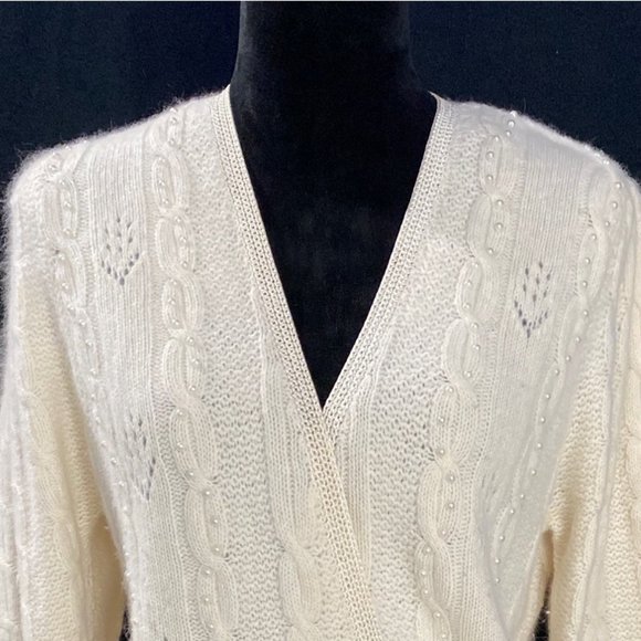 VTG Sideffects Sweater Cream Soft Angora Pearl Cable Knit Wrap Puff Shoulder S - Picture 2 of 9